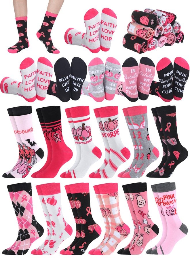 Cozypower 12 Pairs Breast Cancer Gift Socks for Women Pink Ribbon Pumpkin Crew Socks with Motivational Text for October Breast Cancer Awareness Month Events - Image 1